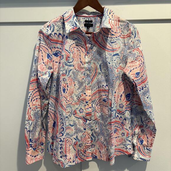 Talbots Shirt Womens 10 Pink Blue Paisley Non Iron Button Down Long Sleeve Top - Picture 1 of 9
